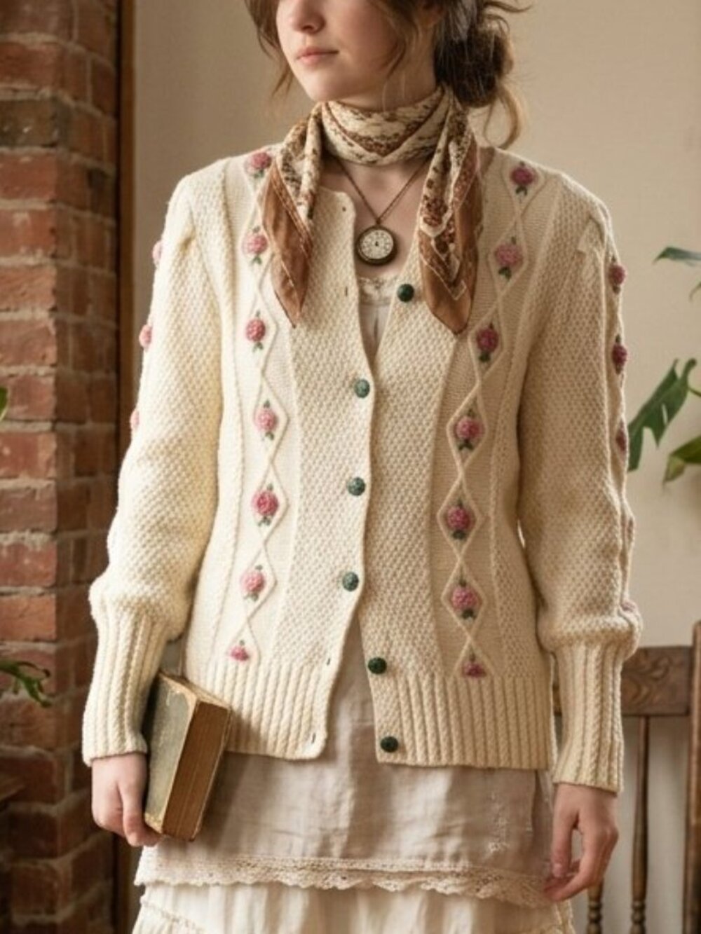 Vintage Hand-Knit 3D Rose Cardigan Sweater Cream Cottagecore Mori Kei - Picture 2 of 16